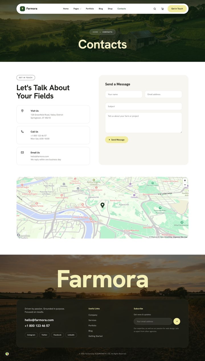 Farmora Green — Contacts + Map page